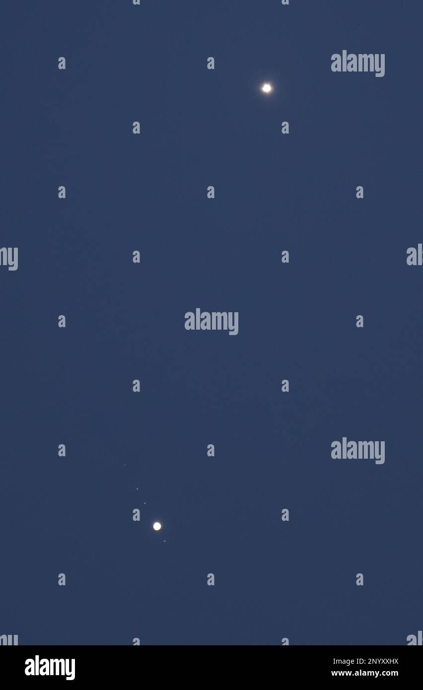 Londra, Regno Unito. 2 marzo 2023. Il pianeta Giove, con quattro delle sue lune visibili (in basso), e Venere (in alto) un giorno dopo la congiunzione. Le quattro lune galileiane di Giove sono (dall'alto verso il basso) - Io, Europa, Ganymede, Callisto. Credit: Malcolm Park/Alamy Live News Foto Stock