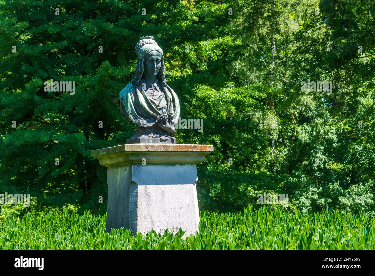 Havixbeck: Busto di Annette von Droste-Hülshoff nel parco Burggarten di Hülshoff castello d'acqua a Münsterland, Nordrhein-Westfalen, Nord Reno-Westph Foto Stock