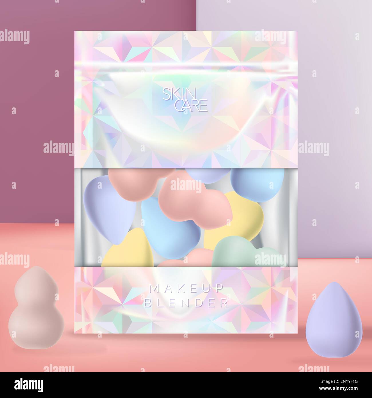 Frullatore Vector Makeup o spugna con confezione con chiusura a zip olografica o iridescente. Stampa motivo geometico. Illustrazione Vettoriale