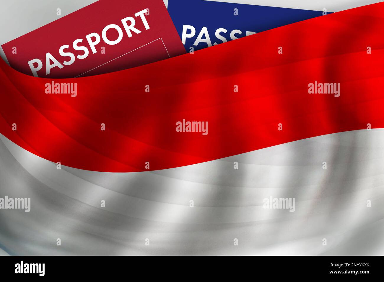 Sfondo della bandiera di Monaco e passaporto del Principato di Monaco. Cittadinanza, immigrazione legale ufficiale, visti, affari e viaggi. Foto Stock