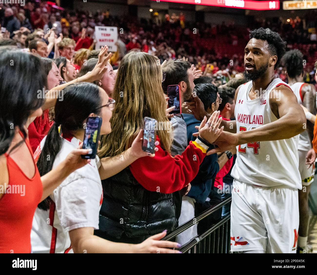 College Park, Maryland, Stati Uniti. 26th Feb, 2023. Donta Scott (24) dell'Università del Maryland festeggia con i tifosi dopo aver sconfitto la Northwestern University #21 Foto Stock