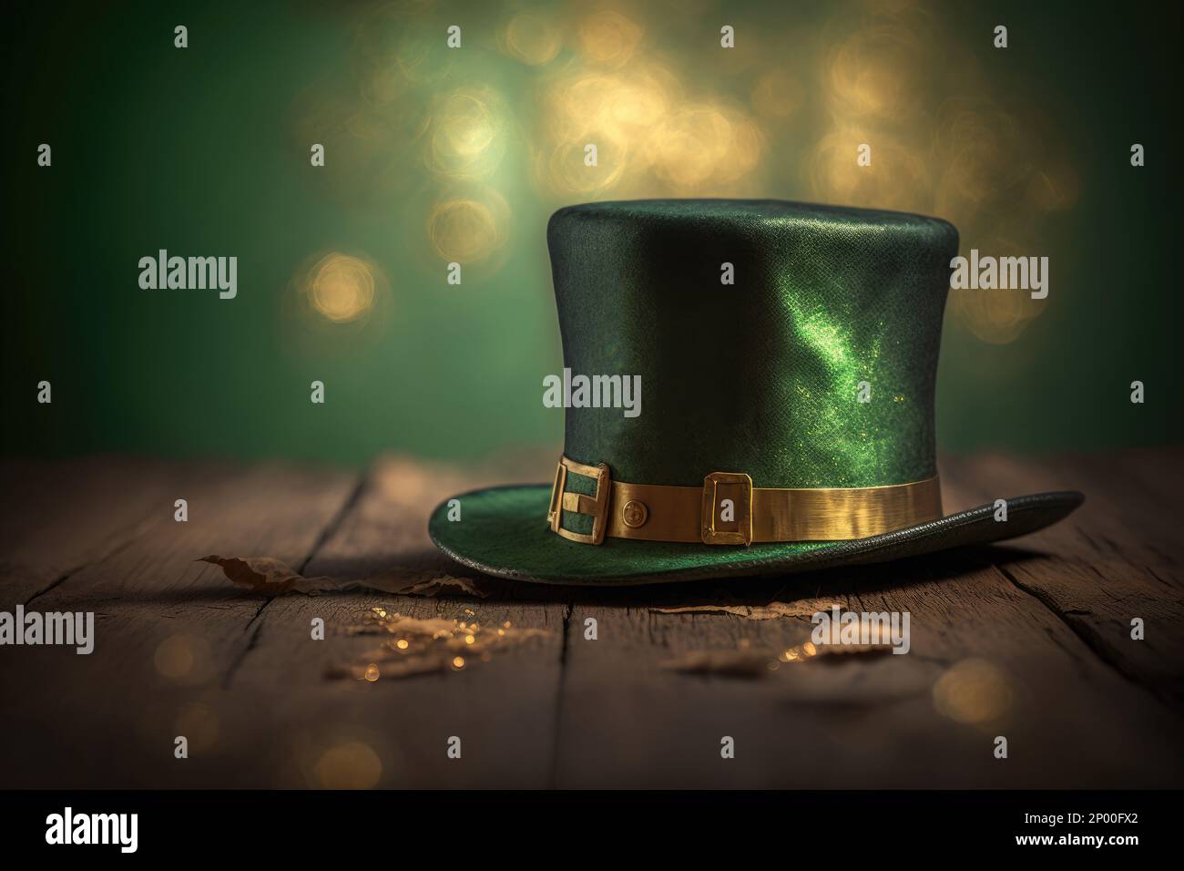 Cappello verde di un Leprechaun, sfondo bokeh dorato, illustrazione del concetto di giorno di st patricks Foto Stock