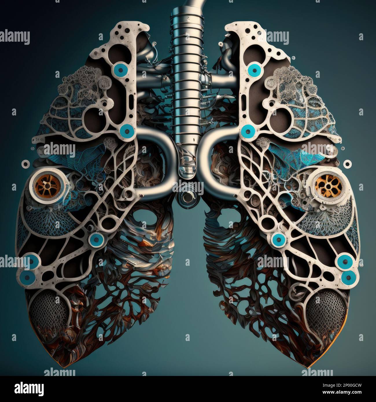 lobi polmonari umani costituiti da parti meccaniche, immagine concettuale per ingegneria biomedica Foto Stock