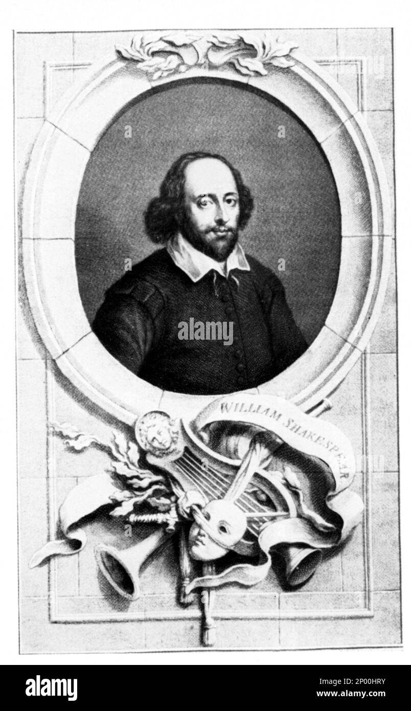 Il celebre drammaturgo e poeta inglese WILLIAM SHAKESPEARE ( Stratford-on-avan 1564 - 1616 ) , Ritratto inciso da G. Houbraken - SCRITTORE - POETA - POESIA - DRAMMATURGO - COMMEDIOGRAFO - TEATRO - TEATRO - TEATRO - POESIA - frontespizio - frontespizio - ratto - baffi - baffi - colletto - epoca elisabettiana - commedia - tragedia - commedia - stema - tragedia - Assottigliamento ai templi ---- Archivio GBB Foto Stock