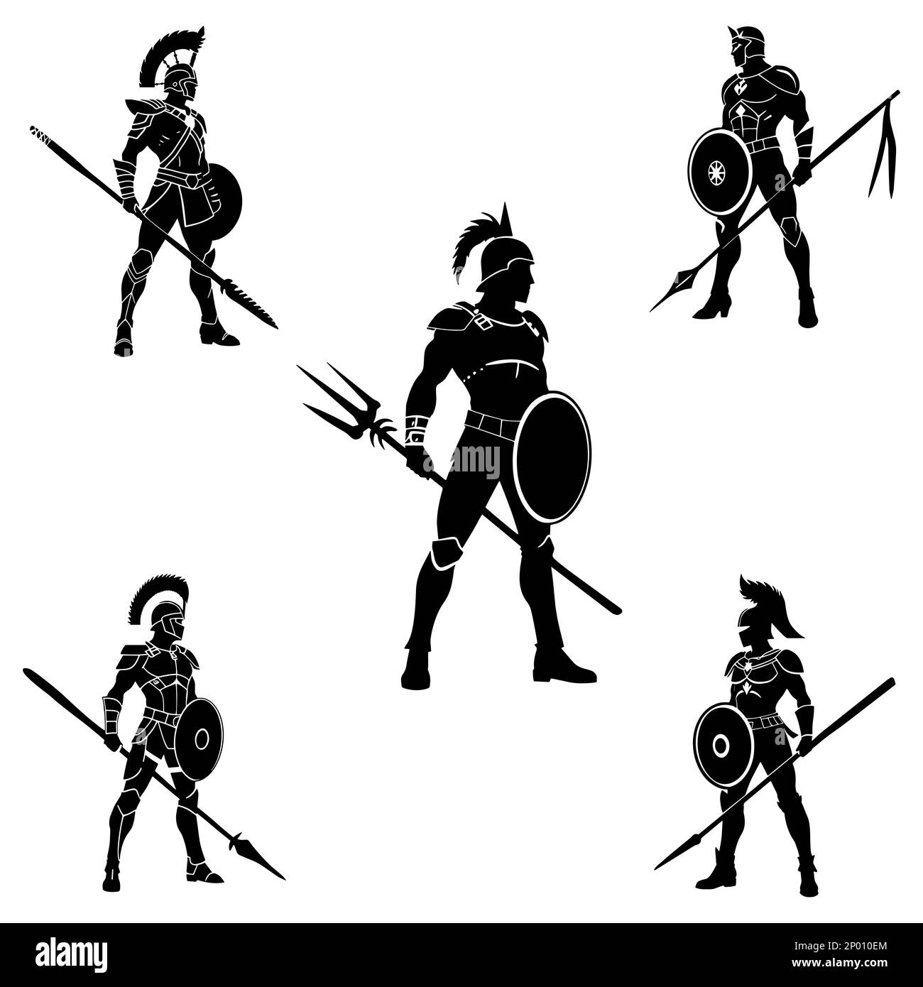 Illustrazione di guerrieri spartani in bianco e nero. Stoici e potenti, sono pronti per la battaglia, scudi sollevati e lance pronti Foto Stock