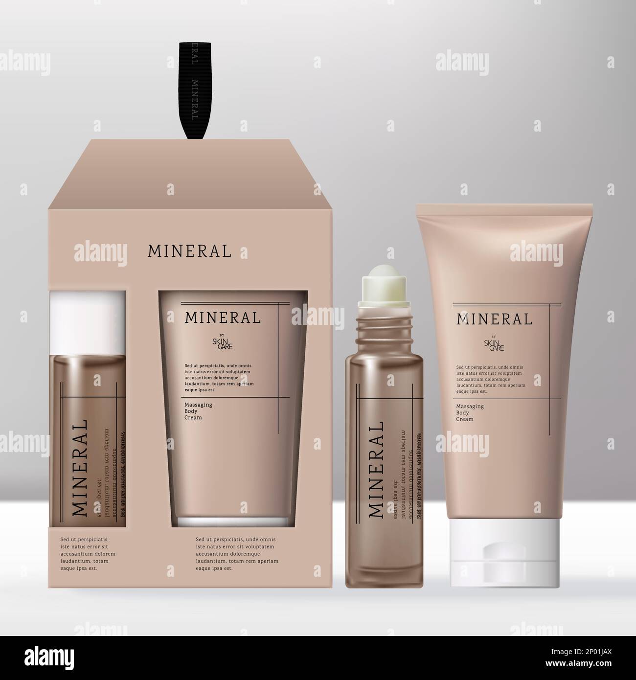 Vector Beauty o Skincare Crema mani e Roll su olio fragranza in confezione Set regalo con tappi bianchi. Illustrazione Vettoriale