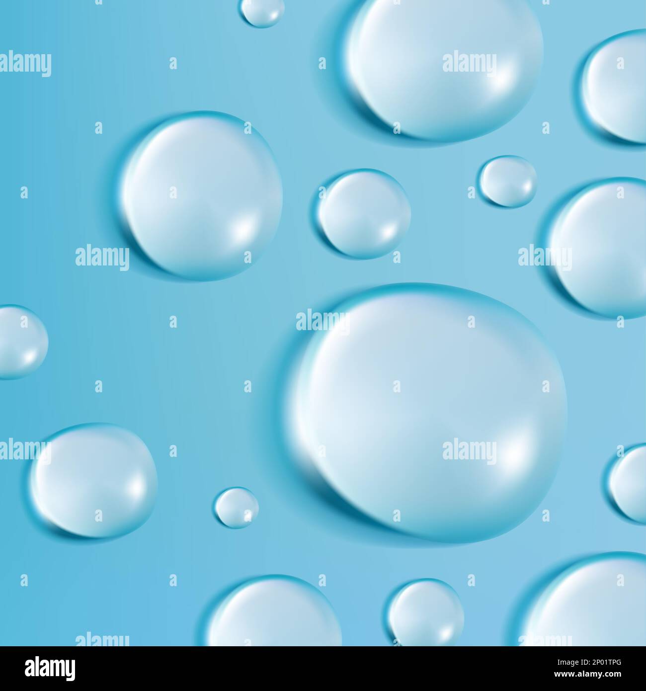 Vector realistic Water Drops Illustrazione per poster, copertina del libro o sfondo pubblicitario. Azzurro. Foto Stock