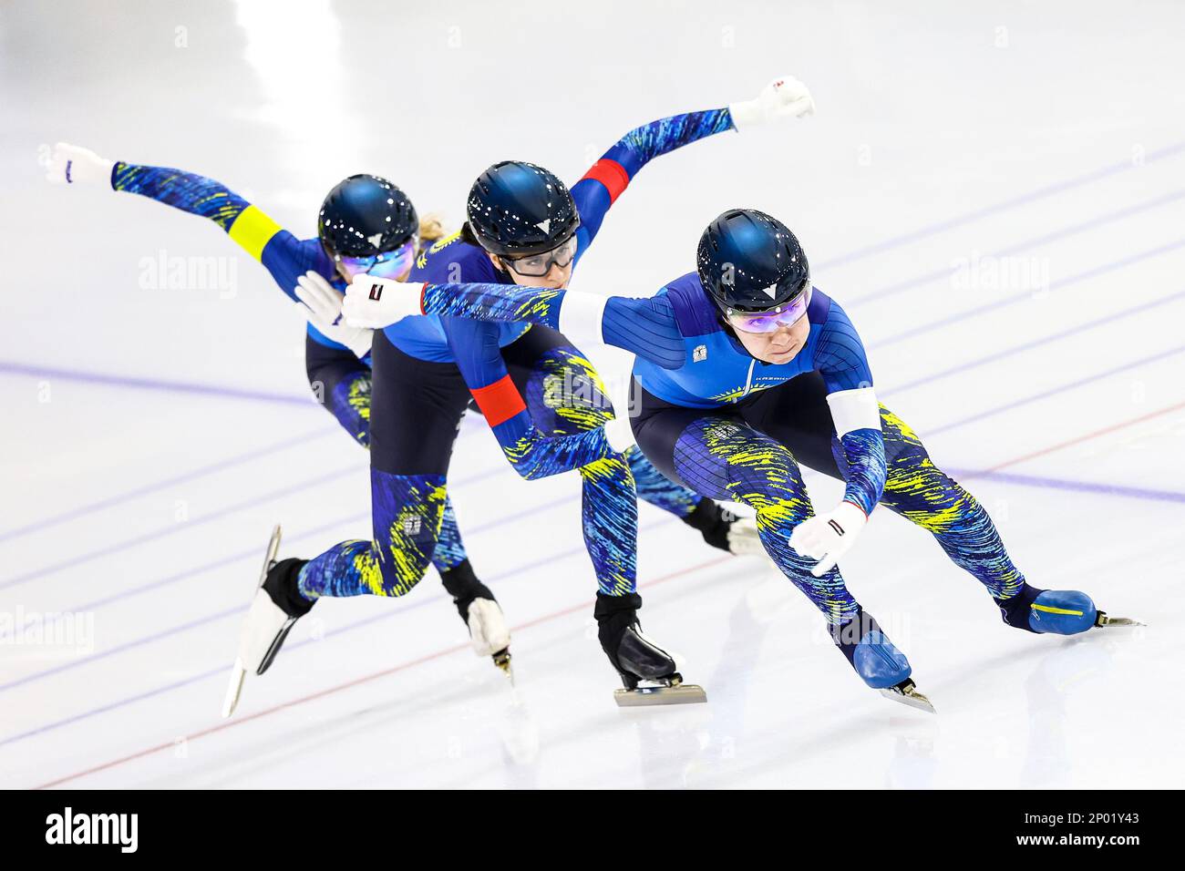 HERENVEEN - Olanda, 02/03/2023, Team Kazakhstan durante il Team Sprint per le donne al Campionato Mondiale di velocità ISU di Thialf. ANP VINCENT JANNINK Foto Stock