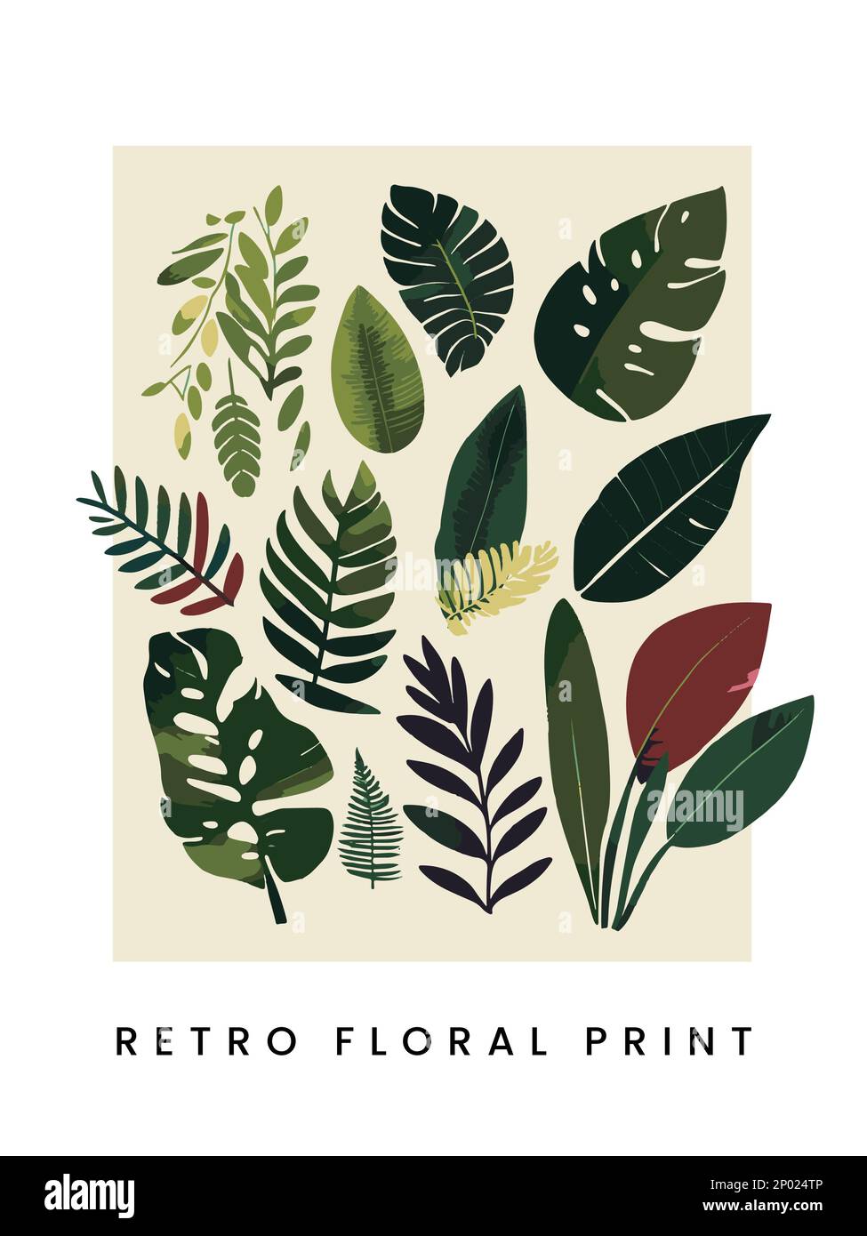 Vector Abstract retro Screen Print Botanical Tropical Leaf Surface Pattern Elements for Poster, Book Cover or Advertisement background. Illustrazione Vettoriale