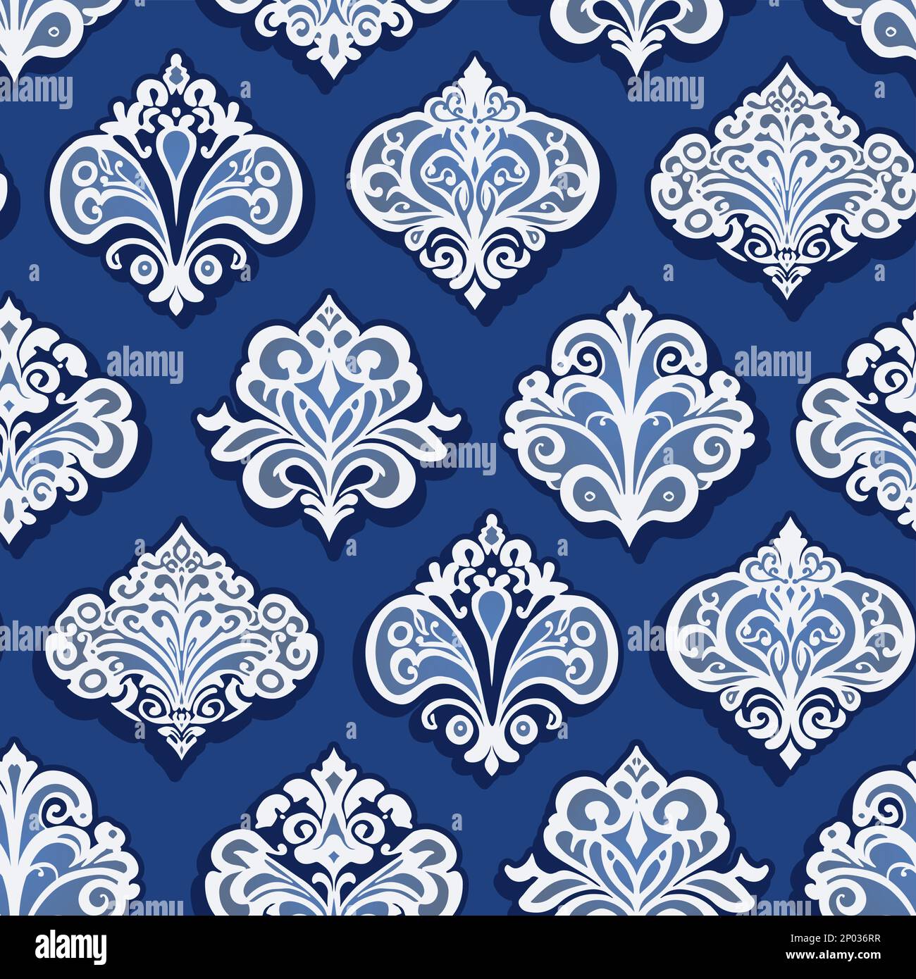 Vector retro tradizionale Royal Blue Damask modello di superficie senza cuciture per prodotti o stampe di carta da imballaggio. Illustrazione Vettoriale