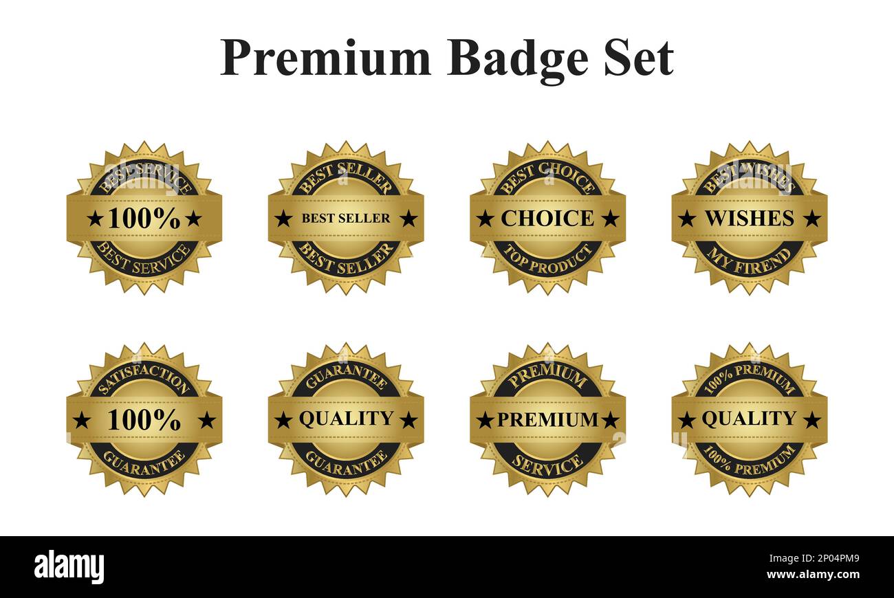 Un set di distintivi Best seller, distintivi Best wishes, gaurantee al 100%, sigillo di garanzia della qualità, etichetta Best Choice, Illustrazione vettoriale Premium Illustrazione Vettoriale