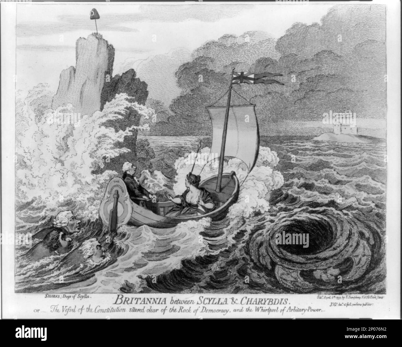 Britannia tra Scylla e Charybdis. Oppure - il vaso della Costituzione ha guidato la roccia della democrazia, e il Whirlpool di arbitrario-potere JS. Gy. dn. et fect. pro bono pubblico.. Collezione British Cartoon Prints . Pitt, William, 1759-1806. , Sheridan, Richard Brinsley, 1751-1816. , Fox, Charles James, 1749-1806. , Priestley, Joseph,1733-1804. , Britannia (carattere simbolico),1790-1800. , Politica & Governo,Gran Bretagna,1790-1800. Foto Stock