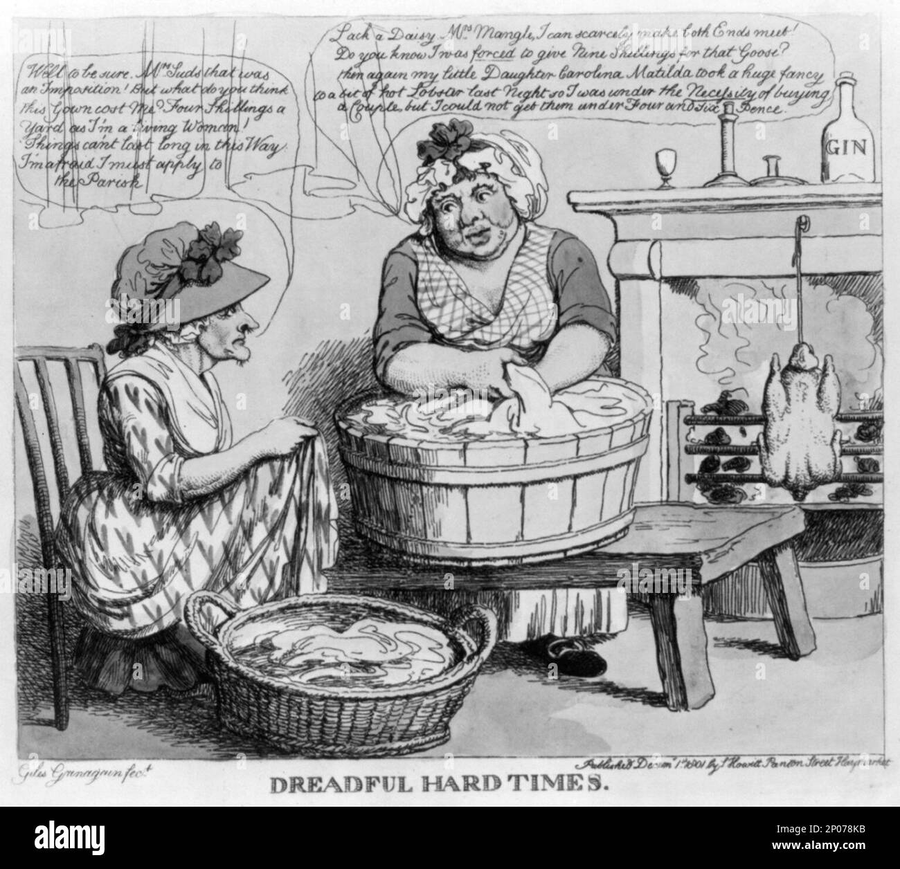 Tempi duri terribili. British Cartoon Prints Collection , questo record contiene dati non verificati provenienti da cartelline, Cartoons, Fr. 1801; Publl. Ind.; cucina; lavanderia. Foto Stock
