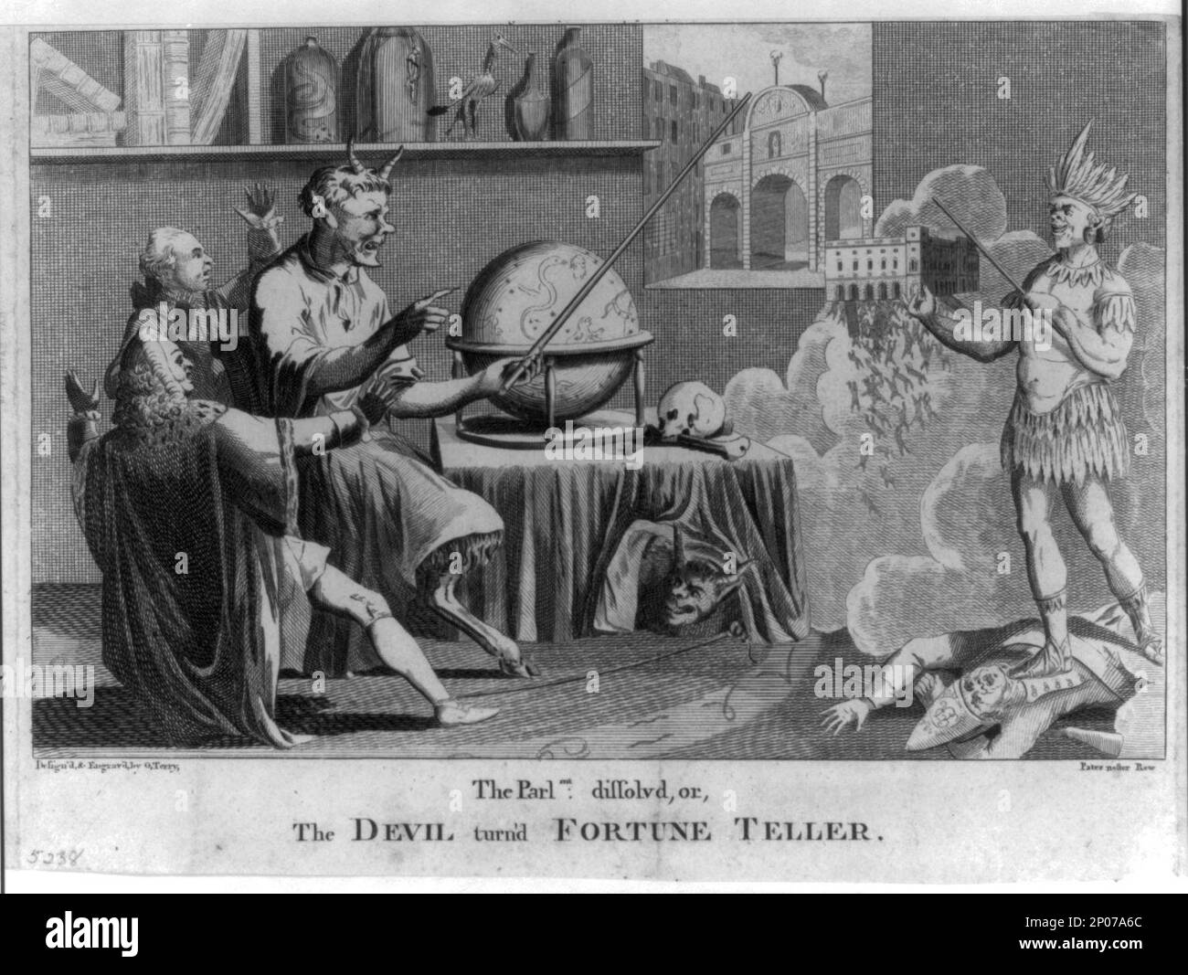 Il Parlmt. Dissolto, o, il diavolo girare'd fortuna teller design'd & increv'd di G. Terry, Paternoster Row.. British Cartoon Prints Collection , pubblicato in: The American Revolution in drawings and prints; una lista di controllo della grafica 1765-1790 nella Library of Congress / compilato da Donald H. Cresswell, con una prefazione di Sinclair H. Hitchings. Washington : [in vendita dal Supt. Dei documenti, U.S. Govt. Stampa. OFF.], 1975, no 672. Nord, Federico, Signore, 1732-1792. , Politica & Governo,Inghilterra,1770-1780. , Organi legislativi,Inghilterra,1770-1780. , Diavolo,1770-1780. , Fortune Telling,Inghilterra,1770-1 Foto Stock