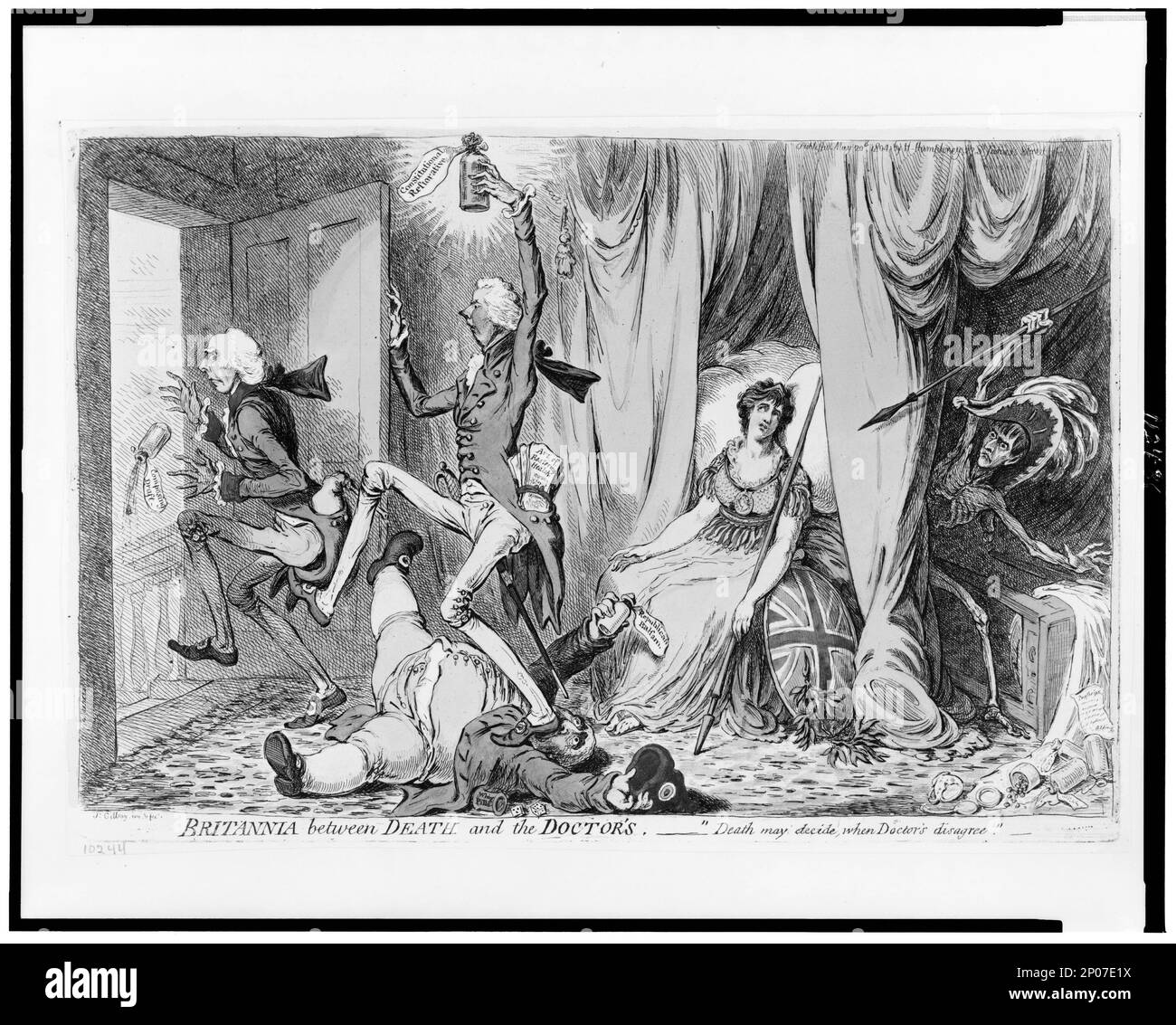 Britannia tra la morte e il medico JS Gillray inv. e fect.. British Cartoon Prints Collection , esposta: Gillray e l'Arte della caricatura. Sidmouth, Henry Addington, Viscount, 1757-1844. , Fox, Charles James, 1749-1806. , Pitt, William, 1759-1806. , Britannia (carattere simbolico),1800-1810. , Politica & Governo,Gran Bretagna,1800-1810. Foto Stock