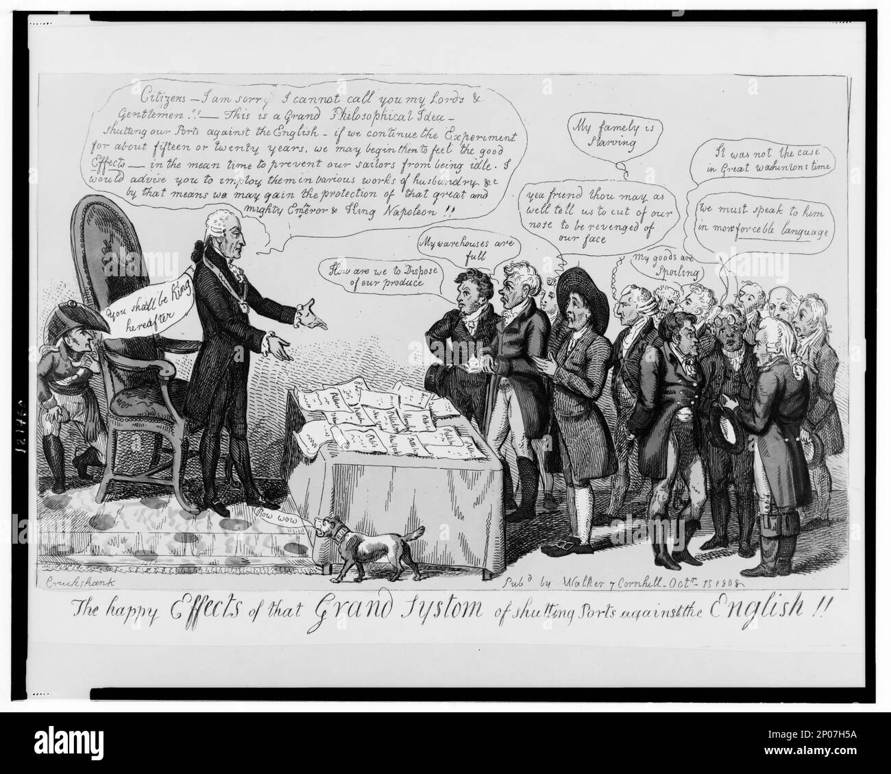Gli effetti felici di quel grande sic di sic di chiusura dei porti contro gli inglesi!! Cruikshank.. British Cartoon Prints Collection , Catalogo di stampe e disegni nel British Museum. Divisione i, satira politica e personale, v. 8, n. 11039. Jefferson, Thomas, 1743-1826. , Embarghi, americano, Gran Bretagna, 1800-1810. Foto Stock