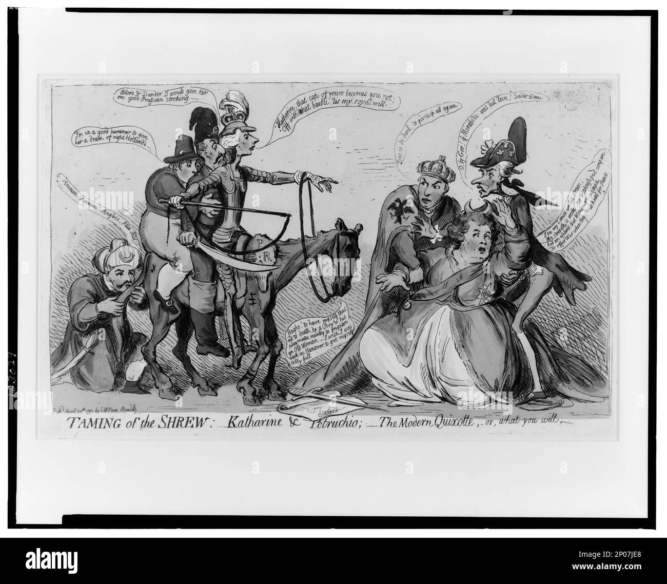 Taming of the shrew: -Katharine & Petruchio; -la moderna Quixotte, o, quello che si farà. British Cartoon Prints Collection , Catalogo di stampe e disegni nel British Museum. Divisione i, satira politica e personale, v. 6, n. 7845, prestito di esposizione 4161-L. Catherine,II,Imperatrice di Russia,1729-1796. , Pitt, William, 1759-1806. , Leopoldo,II,Imperatore Sacro Romano,1747-1792. , Selim,III,Sultano dei Turchi,1761-1808. , Relazioni internazionali,1790-1800. Foto Stock