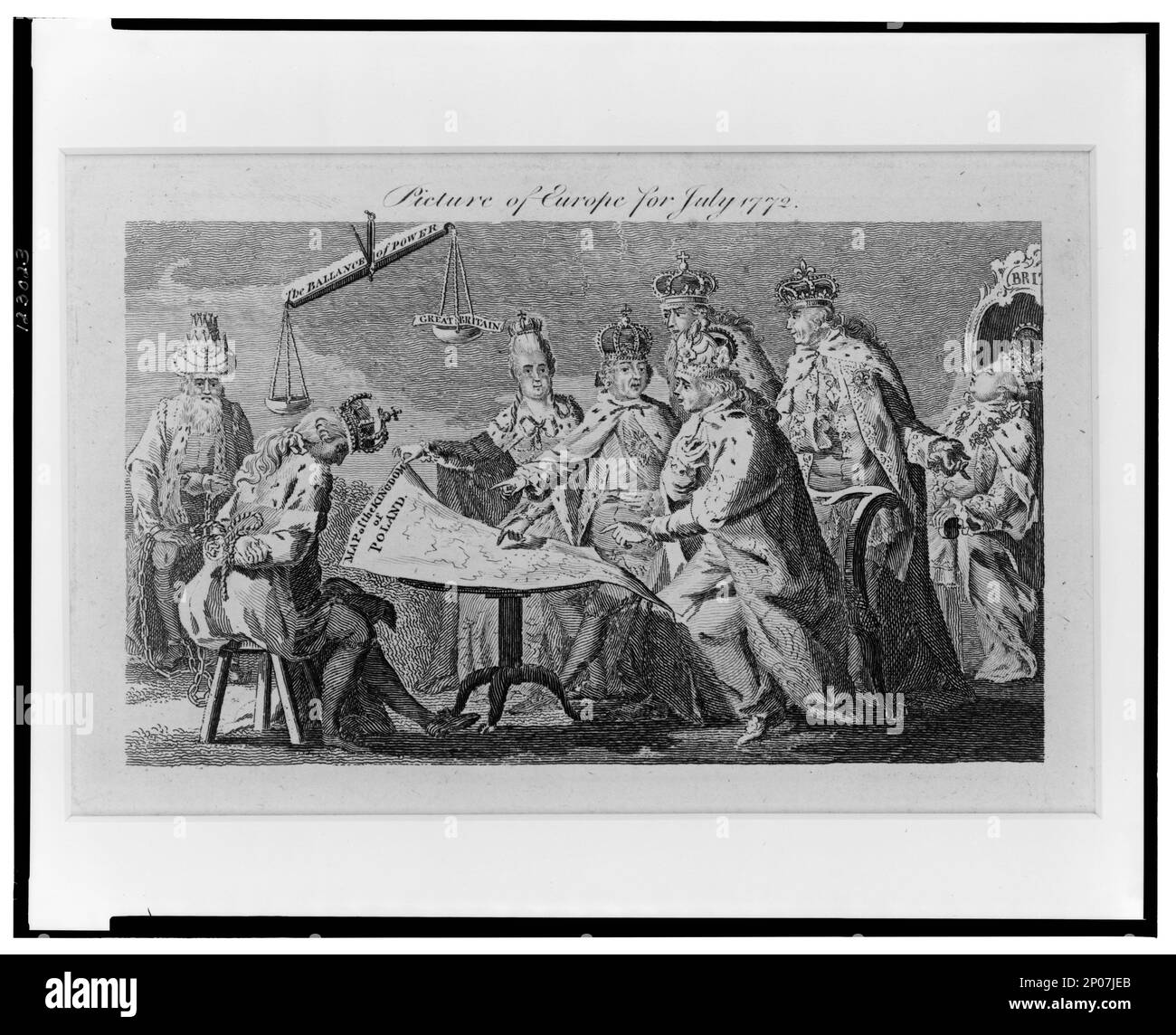 Immagine dell'Europa per luglio 1772. British Cartoon Prints Collection , Catalogo di stampe e disegni nel British Museum. Divisione i, satira politica e personale, v. 5, n. 4957. Giuseppe, II, Imperatore Sacro Romano, 1741-1790. , Caterina, II, Imperatrice di Russia, 1729-1796. , Federico II, Re di Prussia, 1712-1786. , Luigi,XV,Re di Francia,1710-1774. , Stanis?aw, II Agosto, Re di Polonia, 1732-1798. , Giorgio,III,Re di Gran Bretagna,1738-1820. , Carlo,III,Re di Spagna,1716-1788. , Muhsinzade Mehmet Pa?a, 1706-1774. , Polonia,Storia,prima partizione, 1772. Foto Stock