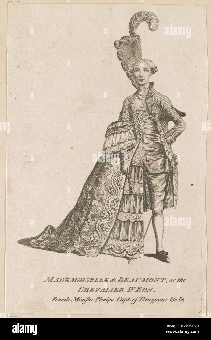 Mademoiselle de Beaumont o il Chevalier D'Eon. British Cartoon Prints Collection , esposta: 'Camp: Notes on Fashion', al Metropolitan Museum of Art, 1000 Fifth Avenue, New York, NY, maggio 6, 2019 - 8 settembre 2019, titolo dalla voce. EON de Beaumont, Charles Geneviève Louis Auguste André Timothée d',1728-1810. , Diplomatici,1770-1780. , Spie,1770-1780. , Medicazione trasversale, 1770-1780. Foto Stock