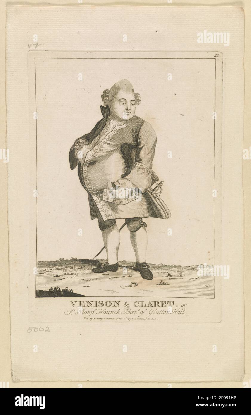 Venison & Claret, o Sr. Humpy. Hunch, Bart. Di Glutton Hall. Collezione British Cartoon Prints . Classe superiore, Inghilterra, 1770-1780. , Obesità, 1770-1780. Foto Stock