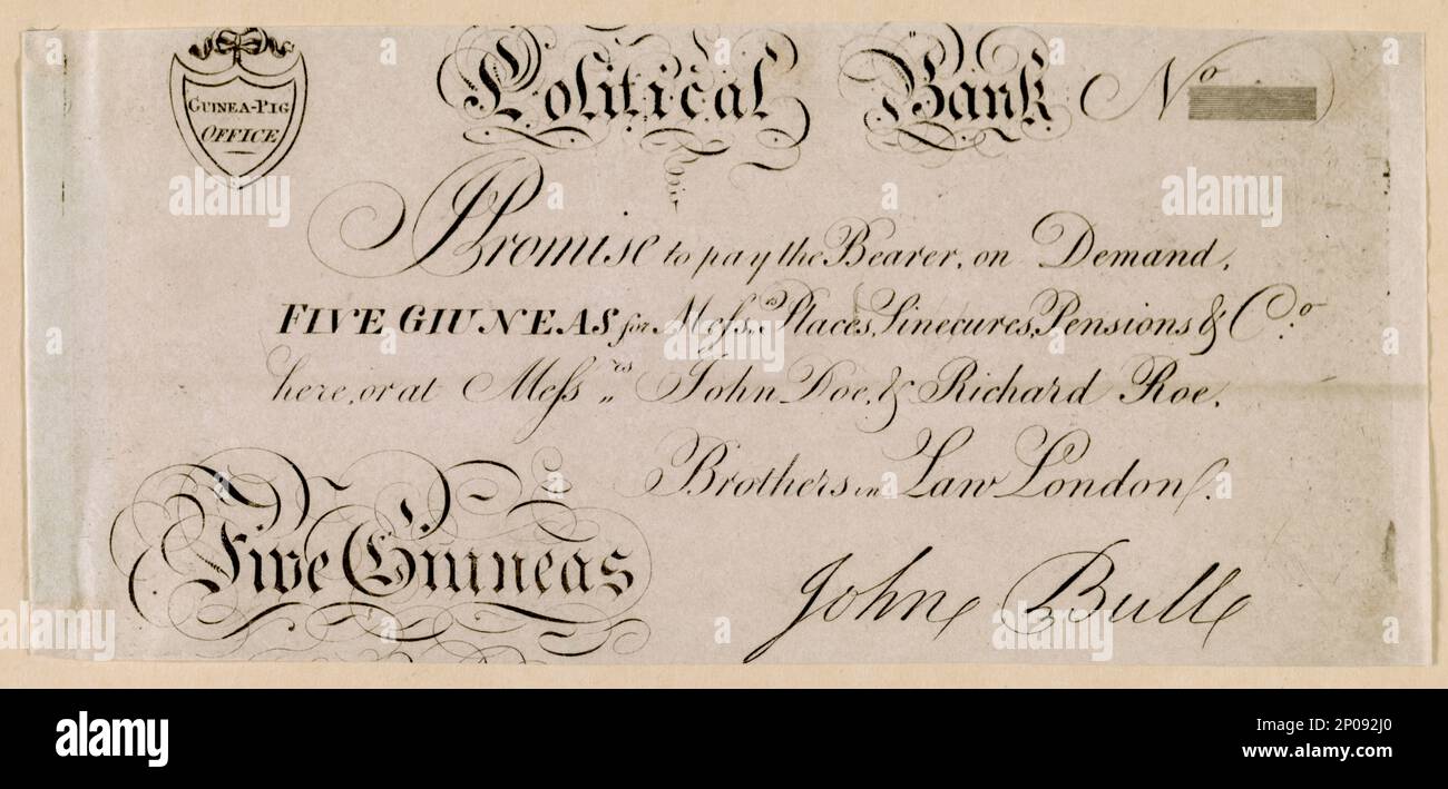 Prometto di pagare il portatore, su richiesta, cinque giuneas .... Collezione British Cartoon Prints . John Bull (carattere simbolico) , debito, 1800-1900. Foto Stock