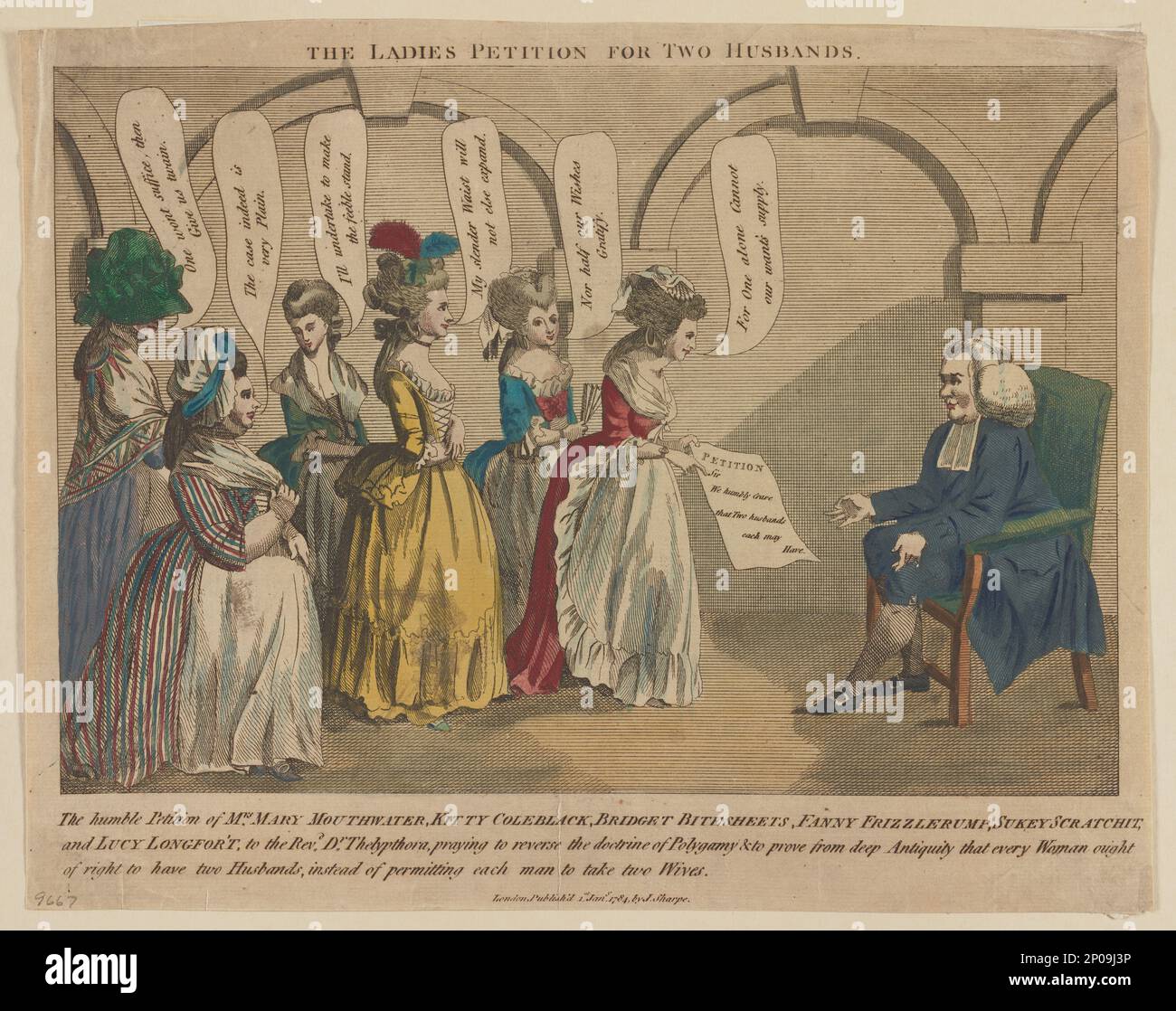 La petizione delle Signore per due mariti. Collezione British Cartoon Prints . Foto Stock