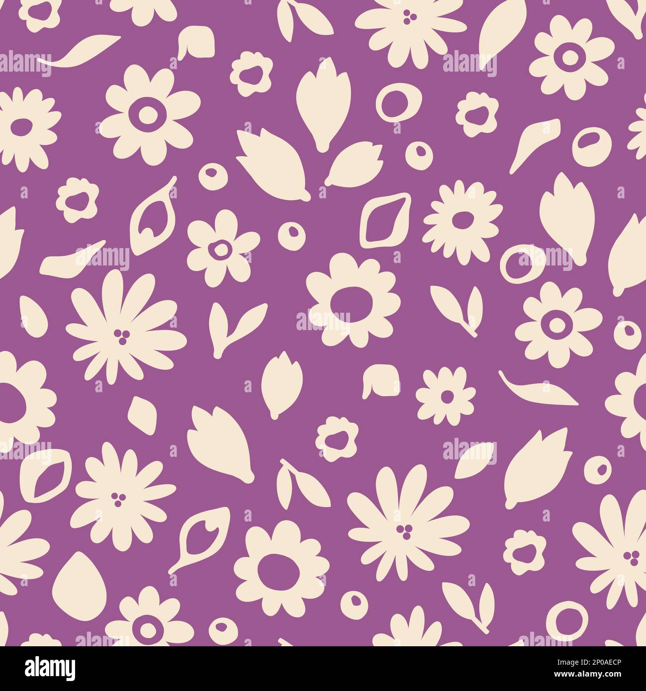 Molti fiori senza cuciture modello. Stampa allover raster floreale. Piccoli fiori bianchi disegnati a mano su sfondo viola. Illustrazione perfetta per il tessuto Foto Stock