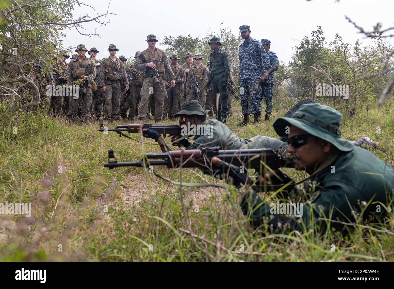 MULLIKULAM, Sri Lanka (21 gennaio 2023) – Stati Uniti Marines con il Battaglione Landing Team 2/4, 13th Marine Expeditionary Unit, osservare i marines dello Sri Lanka condurre esercitazioni immediate durante la cooperazione afloat Readiness and Training/Marine Exercise 2023, gennaio 21. KARAT/MAREX Sri Lanka è un esercizio bilaterale tra lo Sri Lanka e gli Stati Uniti volto a promuovere la cooperazione regionale in materia di sicurezza, a praticare l'assistenza umanitaria e il soccorso in caso di catastrofi, nonché a rafforzare la comprensione marittima, i partenariati e l'interoperabilità. Nel suo 28th° anno, la serie KARAT è composta da esercizi multinazionali, d Foto Stock