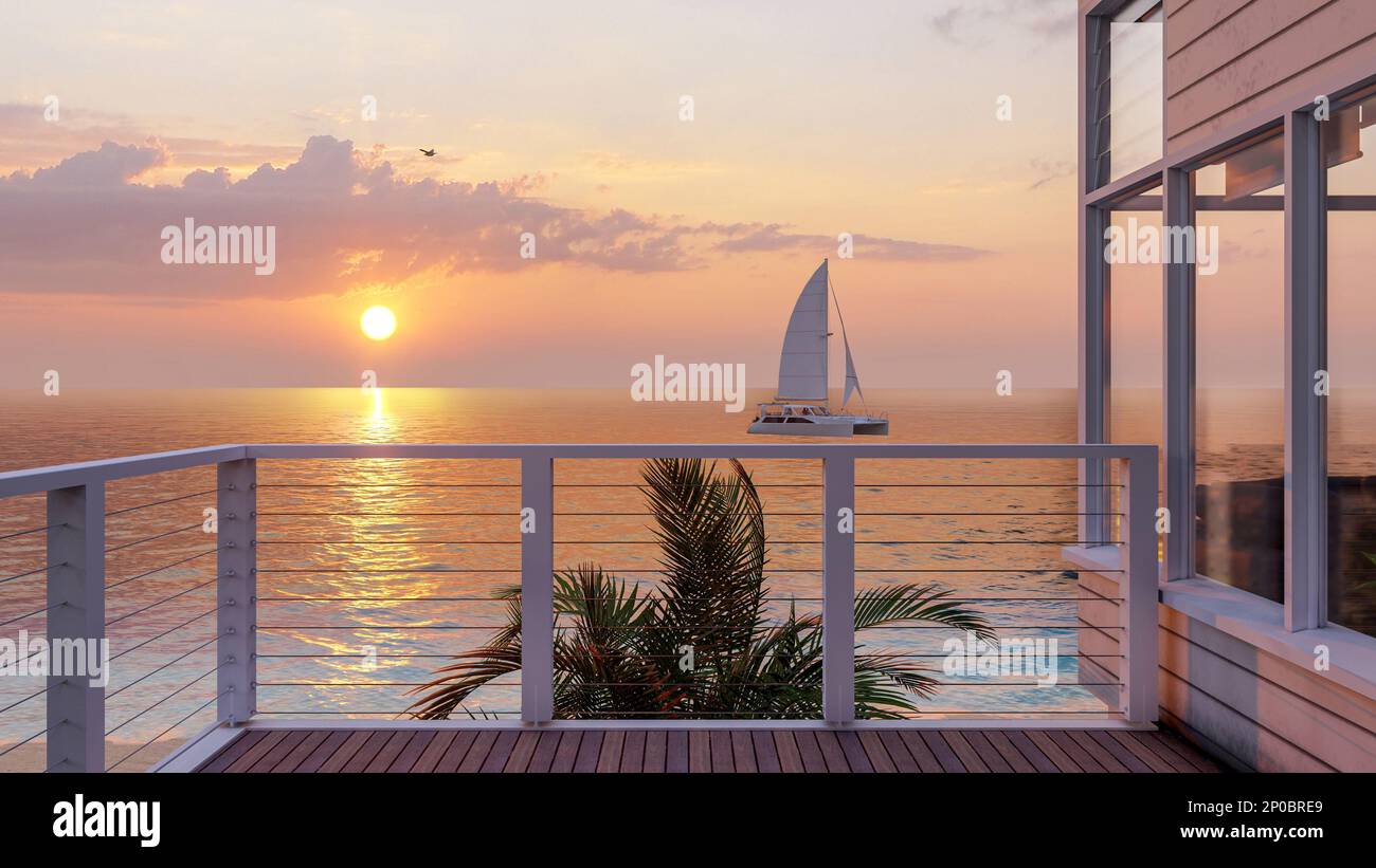 Terrazza esterna in legno sul mare e splendida vista sul mare al tramonto, 3D rendering Foto Stock