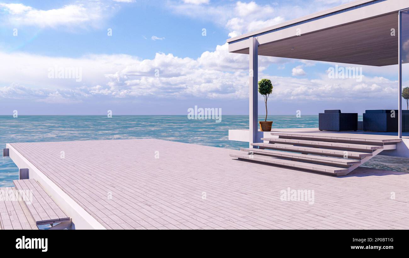 Terrazza esterna in legno sul mare e splendida vista mare, 3D rendering Foto Stock