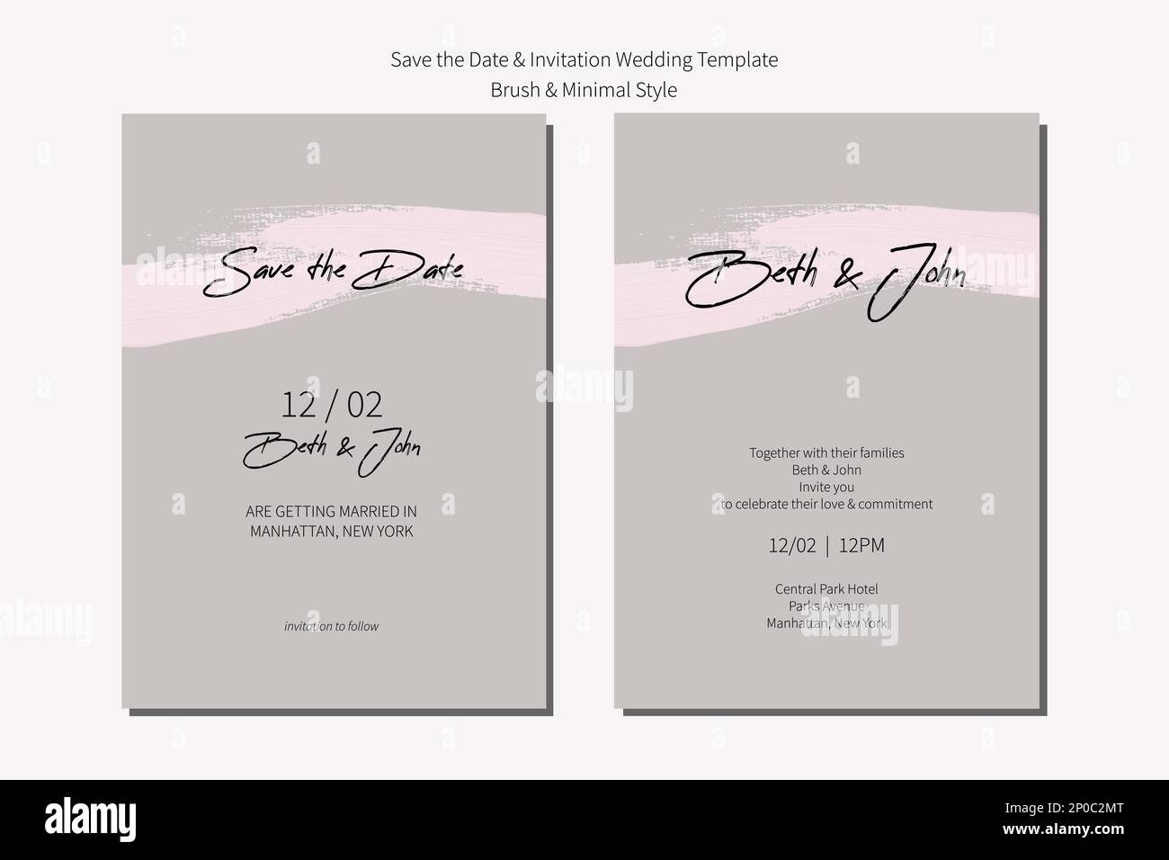 Invito di nozze e salvare il modello di scheda data con pennello grigio neutro e minimalismo. Illustrazione Vettoriale