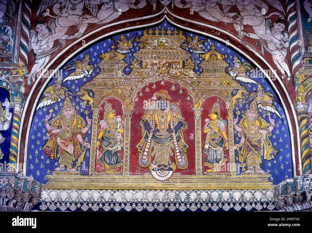18th ° secolo murales Maratha Darbar sala all'interno del complesso del palazzo Thanjavur a Tamil Nadu, India, Asia. Vittobha con Rukmaboi e Brahma Foto Stock
