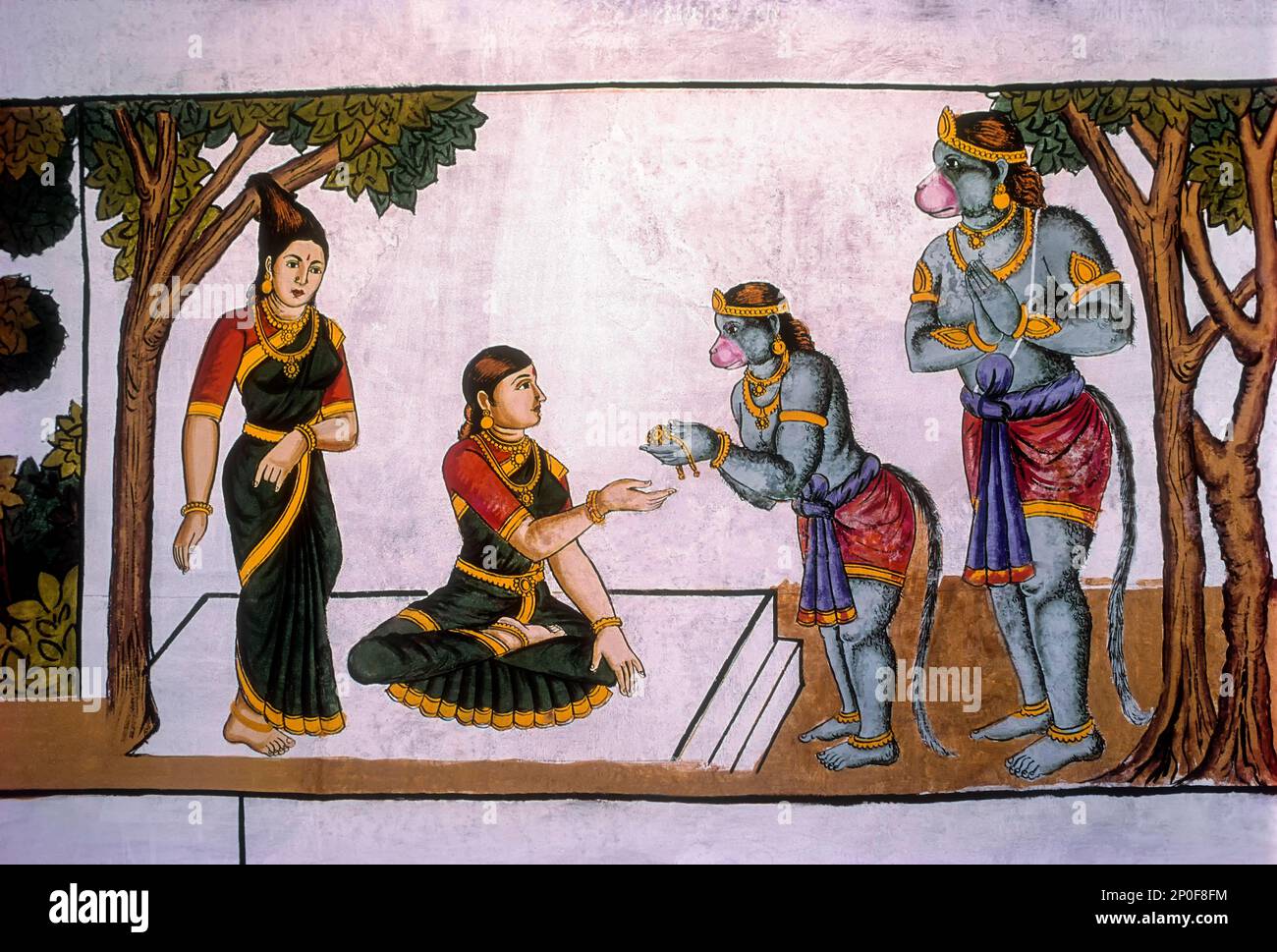 Dipinti di Ramayana epico in kumbakonam Ramaswamy tempio, Tamil Nadu, India del Sud, India, Asia. Hanuman incontro sita in Asoka vatika e identificato Foto Stock