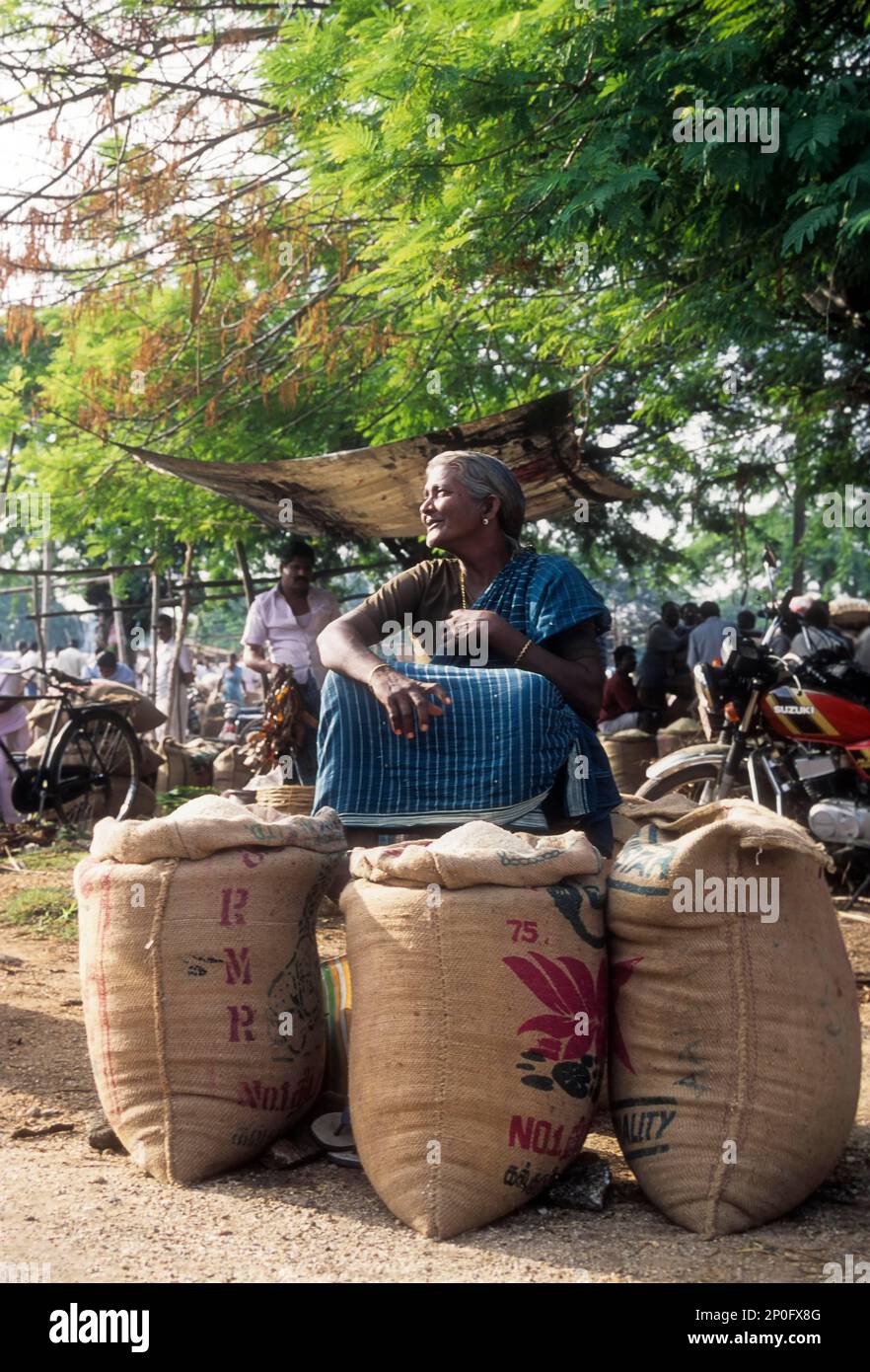 Villaggio donna che vende riso nel mercato periodico in Perundurai vicino Erode, Tamil Nadu, India Foto Stock