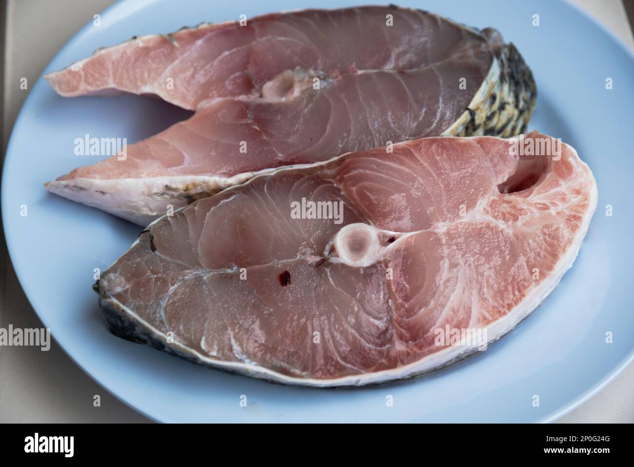 Pesce cernia crudo prima della cottura sul piatto blu. Foto Stock