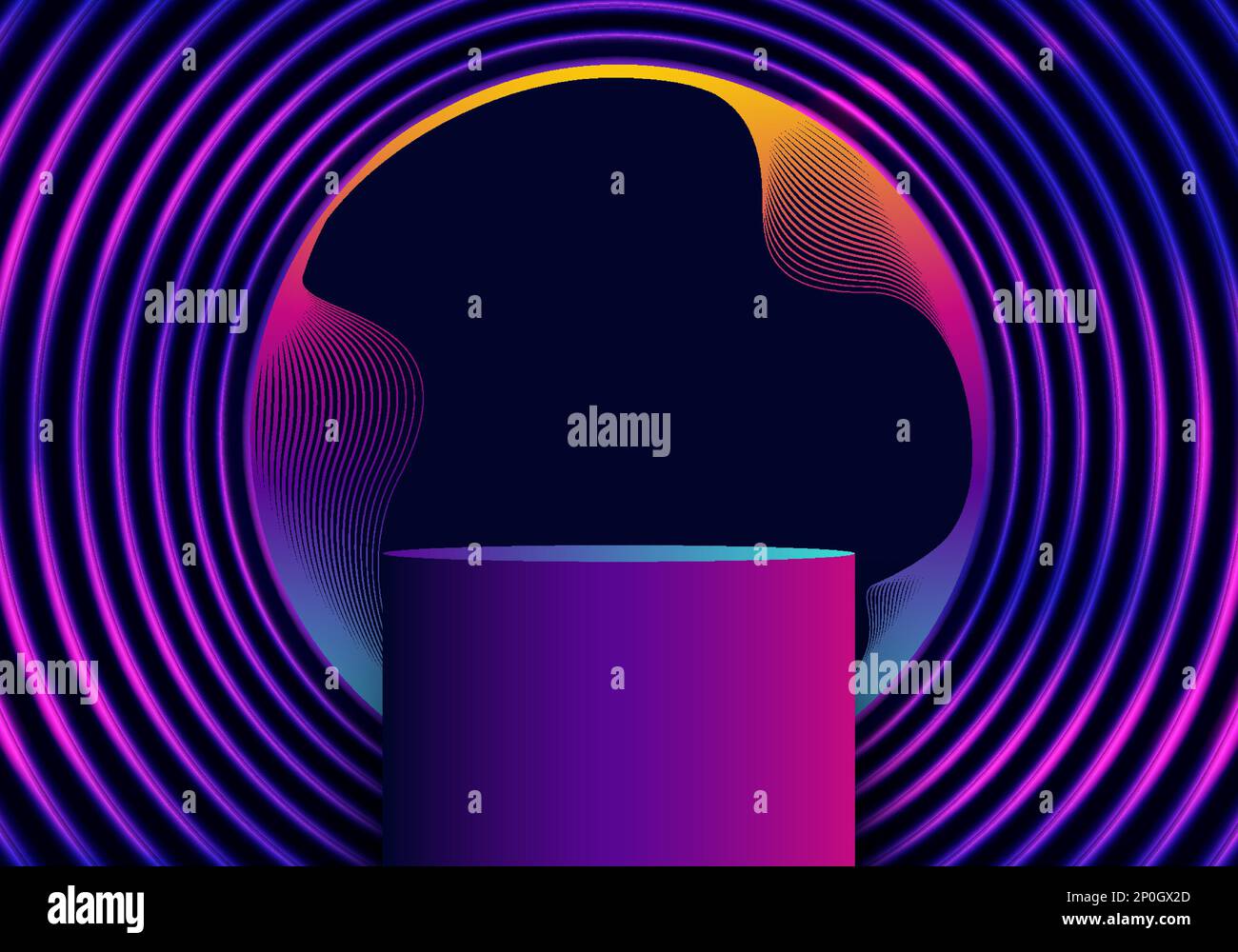 Podio con 3D realistici colori al neon con cerchi di illuminazione al neon con sfondo nero tecnologia cyberpunk stile. Illustrazione vettoriale Illustrazione Vettoriale