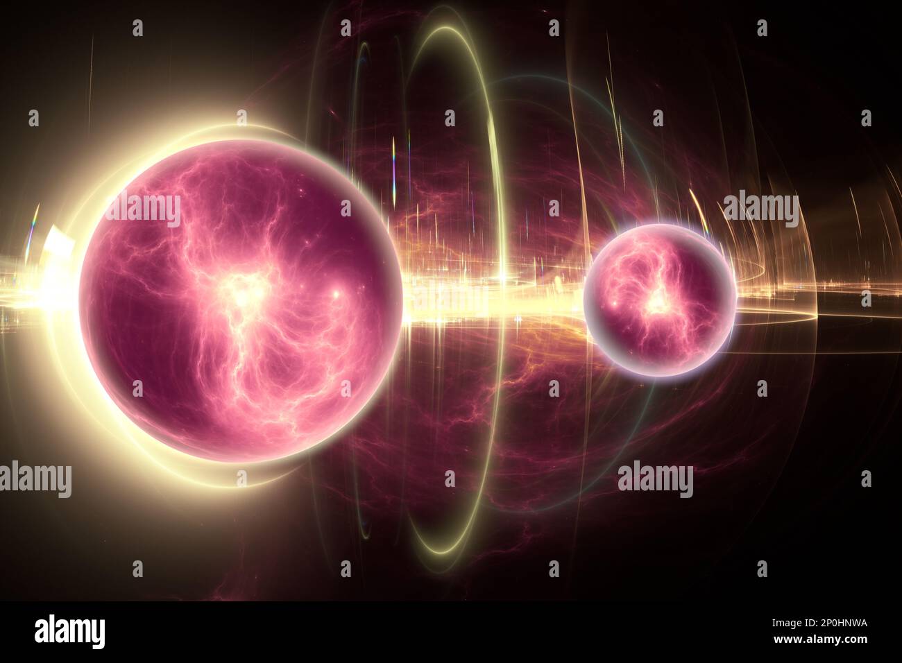 Particelle, entanglement quantico (correlazione quantistica), meccanica quantistica. illustrazione 3d Foto Stock
