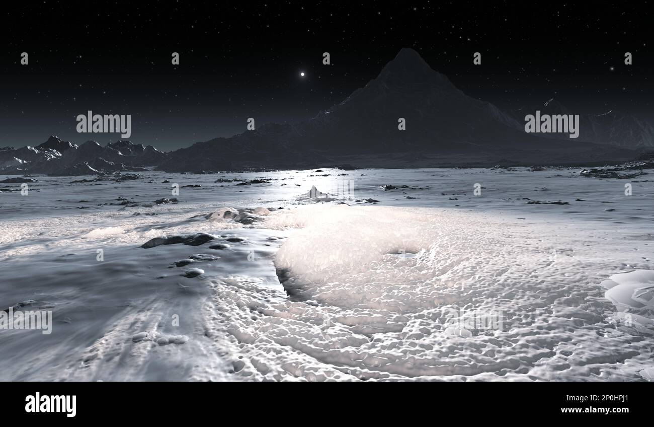 Ghiaccio sulla Luna. Il ghiaccio nella parte inferiore di un cratere permanentemente ombreggiato vicino al polo sud della Luna. illustrazione 3d Foto Stock