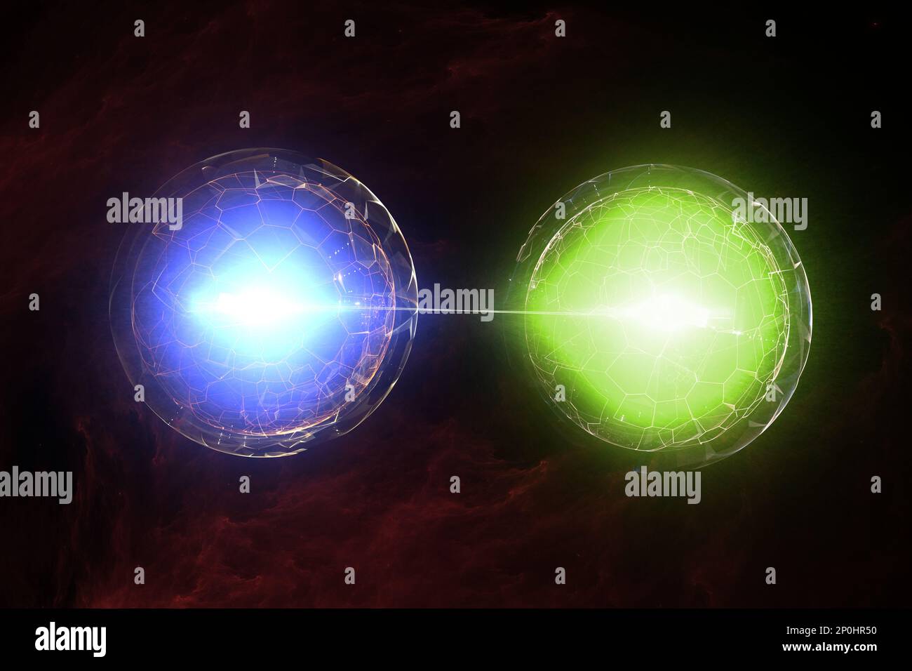 Particelle, entanglement quantico (correlazione quantistica), meccanica quantistica. illustrazione 3d Foto Stock