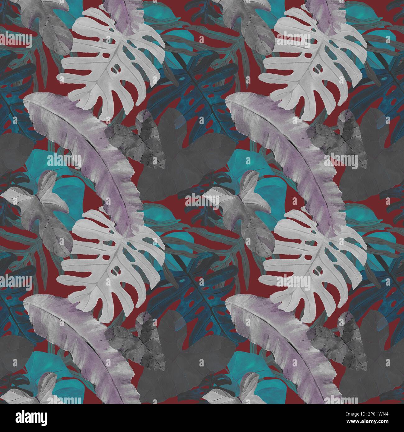 Motivo senza cuciture con foglie tropicali nei colori grigio e rosso. Sfondo giungla selvaggia. Piante di foresta piovose disegnate a mano. Design per tessuto, imballaggio, copertura Foto Stock