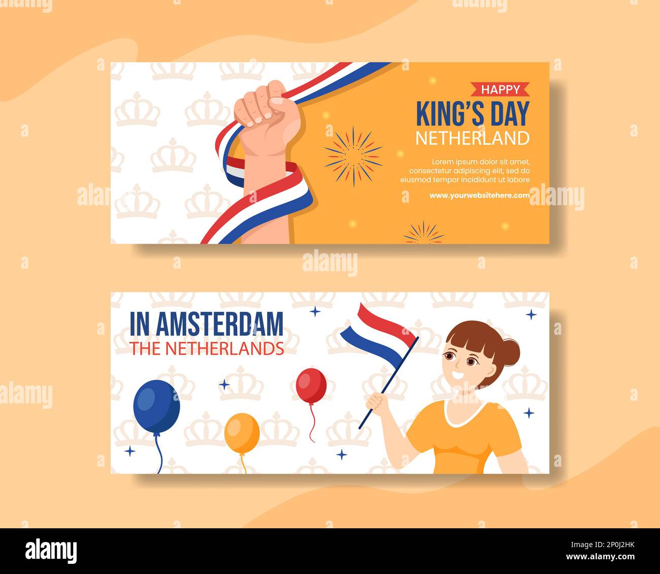 Happy Kings Paesi Bassi Day orizzontale Banner piano Cartoon modelli disegnati a mano sfondo Illustrazione Illustrazione Vettoriale