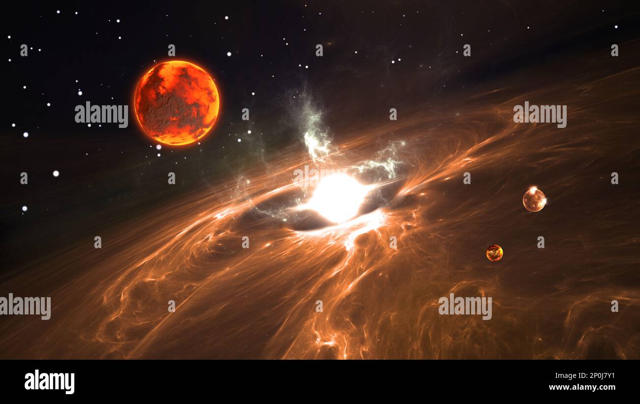 La trasformazione di una stella in una nana bianca. Stella e super pianeti caldi. Illustrazione 3D Foto Stock