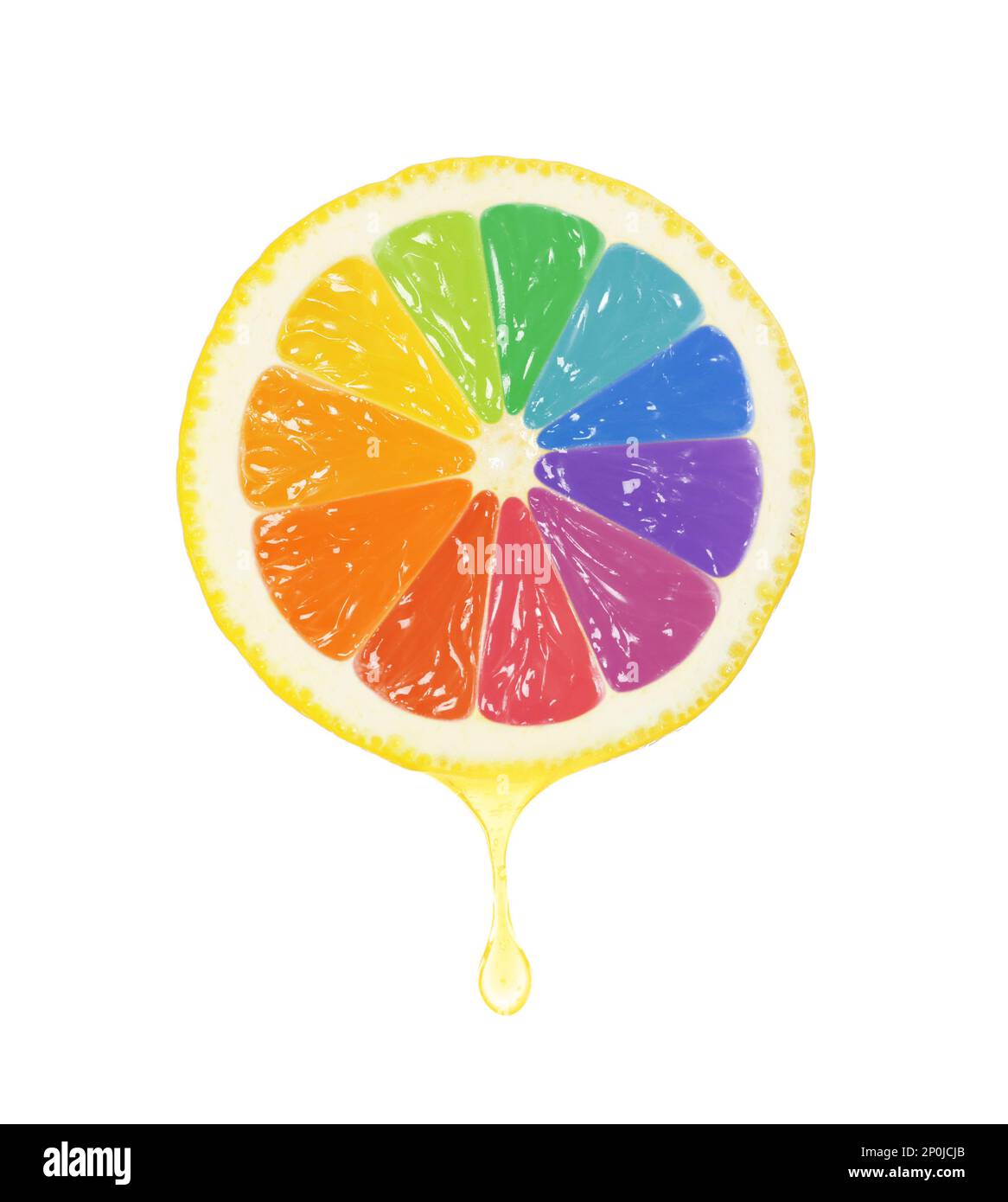 Fetta di limone fresco con arcobaleno su fondo bianco. Illumina la tua vita Foto Stock