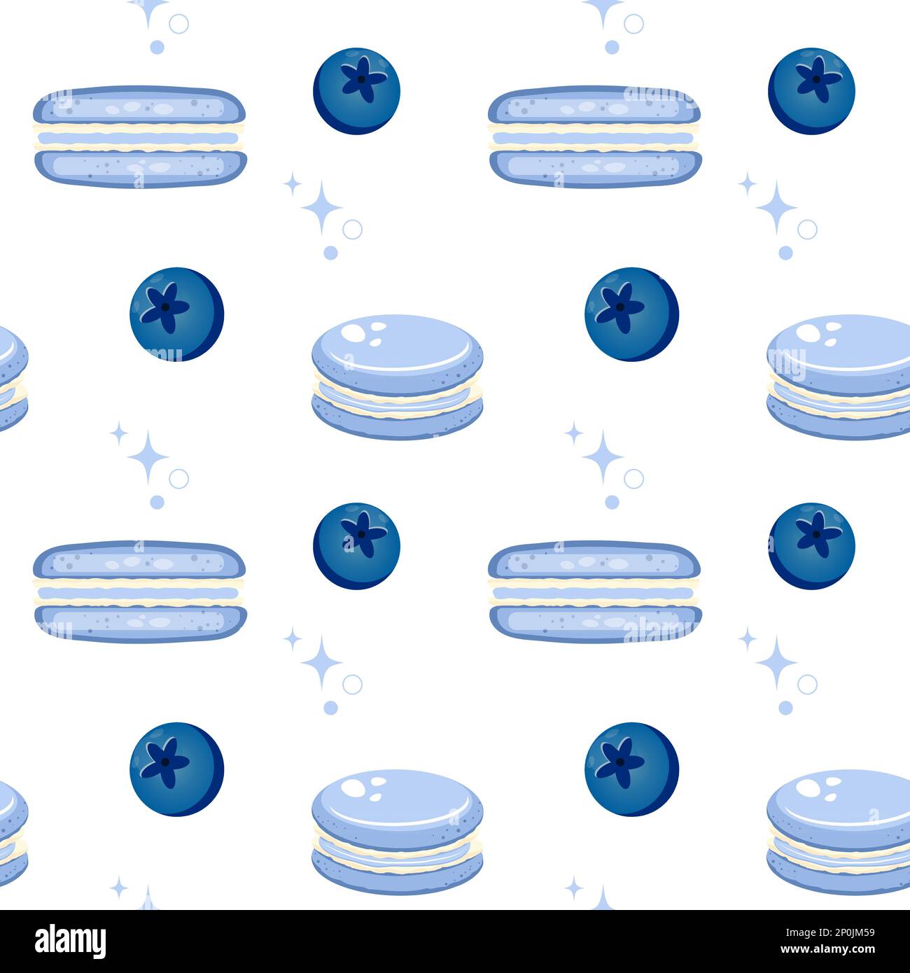 Macaron di mirtillo e fiori di lavanda. Gustoso motivo senza cuciture. Illustrazione Vettoriale