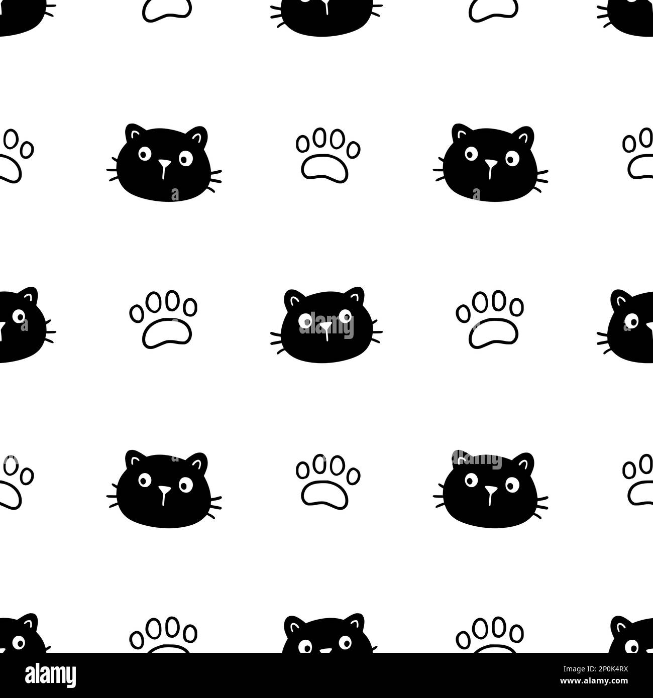 Carino gatto motivo viso senza cuciture. Disegno a mano doodle kitty faccia nera su sfondo bianco. Elemento di ingombro Cat. Simpatico modello di animale domestico. Illustrazione vettoriale. Illustrazione Vettoriale