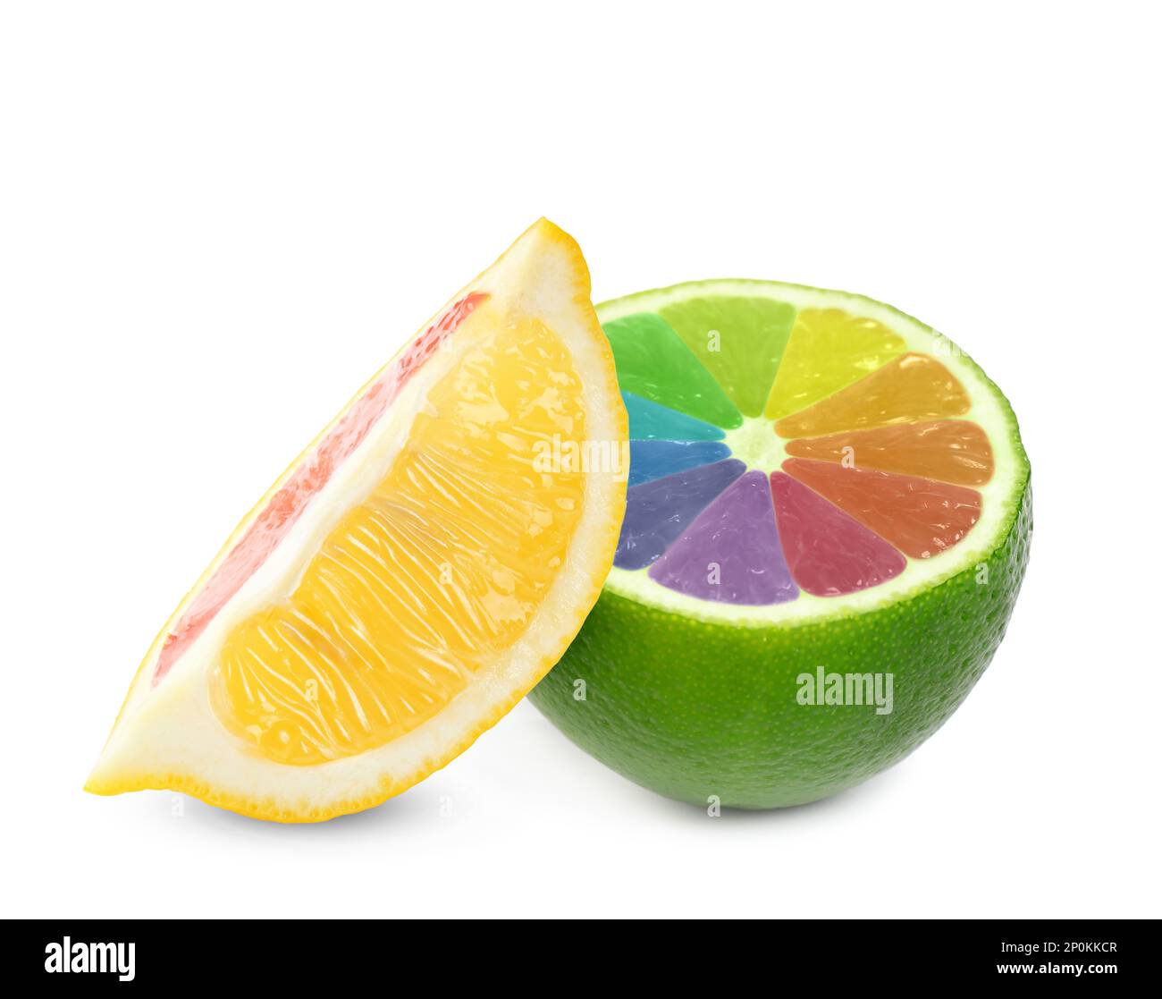 Limone fresco e lime con arcobaleno su fondo bianco. Illumina la tua vita Foto Stock
