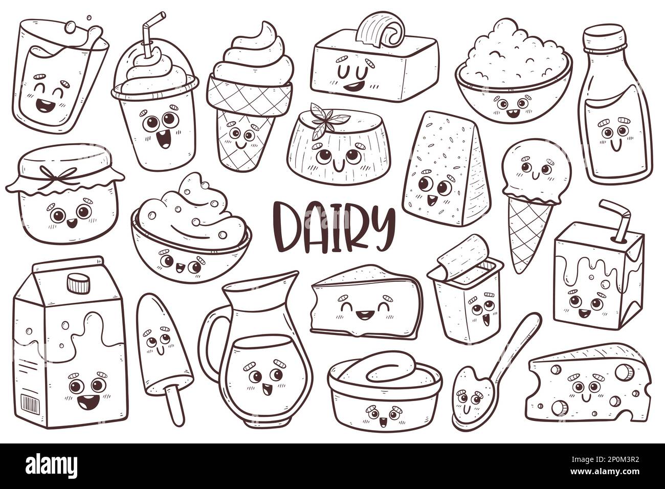 Cute Dairy prodotti con cartoni animati. Collezione isolata di clipart di doodle. Illustrazione vettoriale. Foto Stock