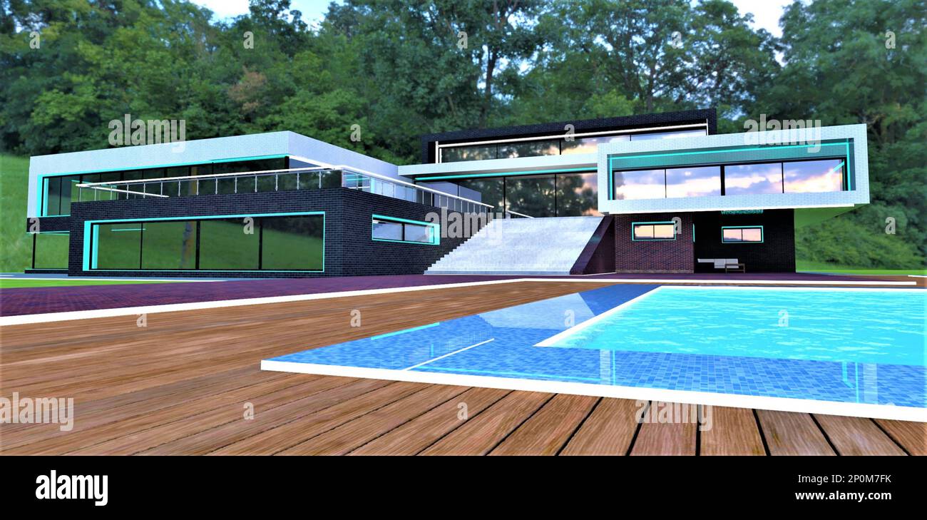 Villa di campagna di lusso con piscina costruita in boschi ecologici. Investimenti adeguati nel settore immobiliare contemporaneo. rendering 3d. Foto Stock