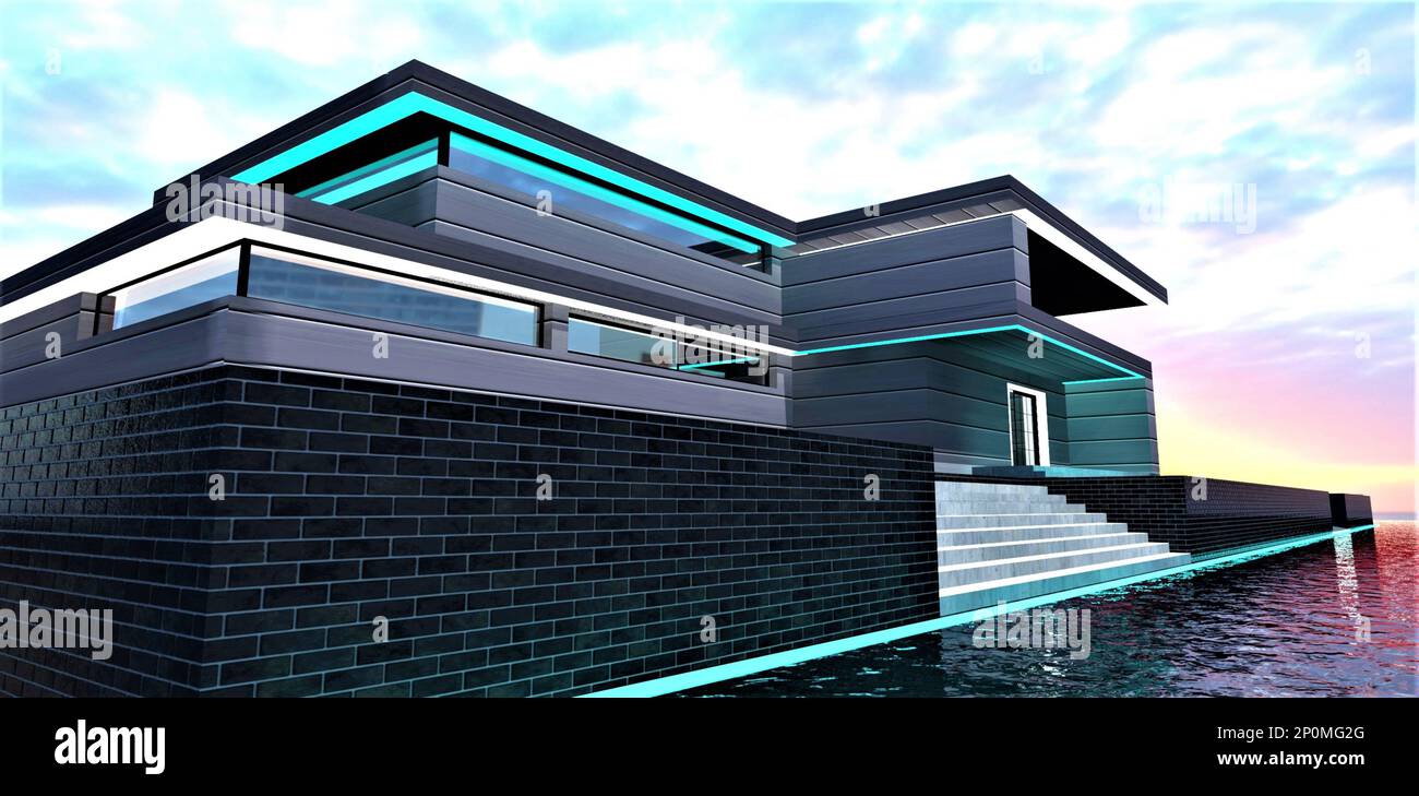 Elegante casa sulla riva del mare. Passi concreti e larghi all'acqua. Lunga linea turchese brillante lungo il molo rifinita con mattonelle di mattoni neri. rendering 3d Foto Stock