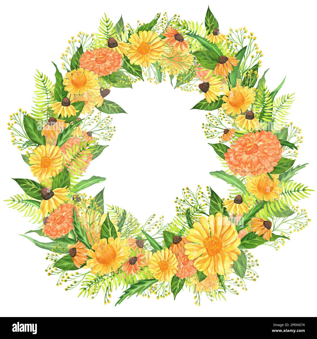 Corona acquerello disegnata a mano con zinnia, goldenota e fiori di conifere. Una piccola parte del grande giardino DEGLI UCCELLI set Foto Stock